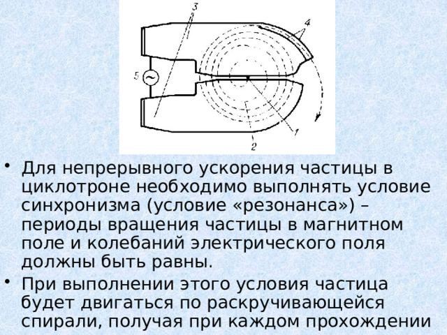 Для непрерывного ускорения частицы в циклотроне необходимо выполнять условие синхронизма (условие «резонанса») – периоды вращения частицы в магнитном поле и колебаний электрического поля должны быть равны. При выполнении этого условия частица будет двигаться по раскручивающейся спирали, получая при каждом прохождении через зазор дополнительную энергию. 