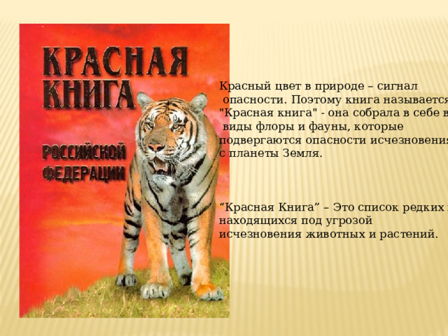 Красный цвет в природе – сигнал  опасности. Поэтому книга называется 