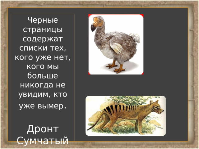 Черные страницы содержат списки тех, кого уже нет, кого мы больше никогда не увидим, кто уже вымер . Дронт Сумчатый волк 