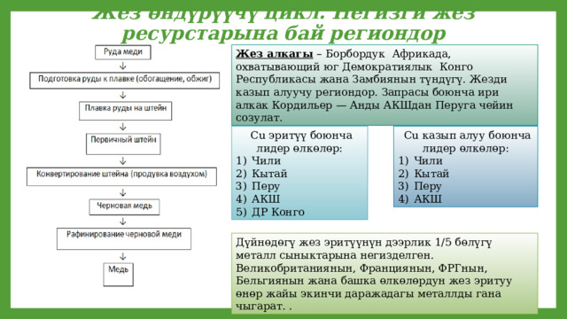 Жез өндүрүүчү цикл. Негизги жез ресурстарына бай региондор Жез алкагы – Борбордук Африкада, охватывающий юг Демократиялык Конго Республикасы жана Замбиянын түндүгү. Жезди казып алуучу региондор. Запрасы боюнча ири алкак Кордильер — Анды АКШдан Перуга чейин созулат.  Cu казып алуу боюнча лидер өлкөлөр:  Cu эритүү боюнча лидер өлкөлөр: Чили Кытай Перу АКШ Чили Кытай Перу АКШ ДР Конго Дүйнөдөгү жез эритүүнүн дээрлик 1/5 бөлүгү металл сыныктарына негизделген. Великобританиянын, Франциянын, ФРГнын, Бельгиянын жана башка өлкөлөрдун жез эритуу өнөр жайы экинчи даражадагы металлды гана чыгарат. . 