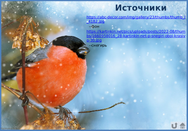 Источники https://abc-decor.com/img/gallery/23/thumbs/thumb_l_4182.jpg  --фон https://kartinkin.net/pics/uploads/posts/2022-08/thumbs/1660958016_28-kartinkin-net-p-snegiri-oboi-krasivo-30.jpg  --снегирь ©Чайкина З.А. 