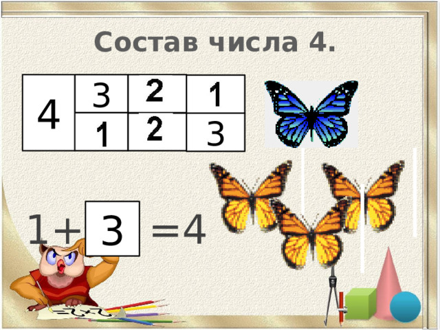 Состав числа 4.  4 3  1+ =4  3 3 