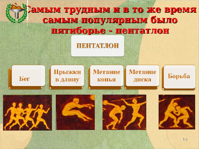  Самым трудным и в то же время самым популярным было пятиборье - пентатлон    