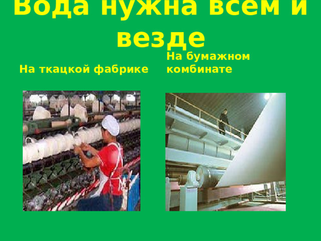 Вода нужна всем и везде На ткацкой фабрике На бумажном комбинате 