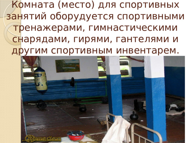 Комната (место) для спортивных занятий оборудуется спортивными тренажерами, гимнастическими снарядами, гирями, гантелями и другим спортивным инвентарем. 