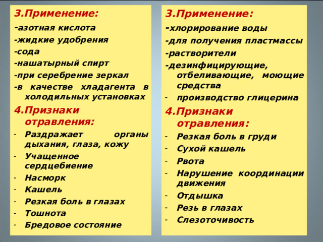 3.Применение: 3.Применение: - азотная кислота -жидкие удобрения -сода -нашатырный спирт -при серебрение зеркал -в качестве хладагента в холодильных установках - хлорирование воды -для получения пластмассы -растворители -дезинфицирующие, отбеливающие, моющие средства 4.Признаки отравления: производство глицерина Раздражает органы дыхания, глаза, кожу Учащенное сердцебиение Насморк Кашель Резкая боль в глазах Тошнота Бредовое состояние 4.Признаки отравления:  Резкая боль в груди Сухой кашель Рвота Нарушение координации движения Отдышка Резь в глазах Слезоточивость  