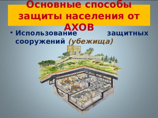 Основные способы защиты населения от АХОВ Использование защитных сооружений (убежища)  
