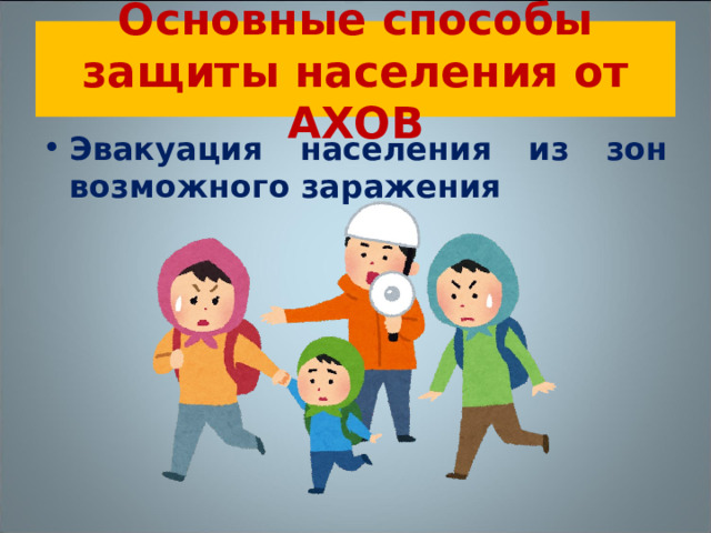 Основные способы защиты населения от АХОВ Эвакуация населения из зон возможного заражения  