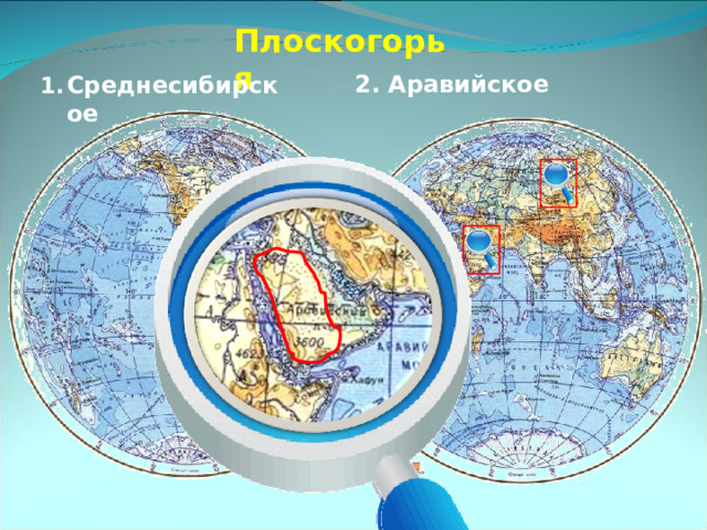 Плоскогорья 2. Аравийское  Среднесибирское Чтобы показать возвышенности на карте России нужно перейти на карту более крупного масштаба. 10 
