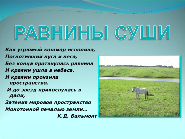  Как угрюмый кошмар исполина, Поглотивший луга и леса, Без конца протянулась равнина И краями ушла в небеса. И краями пронзила пространство,  И до звезд прикоснулась в дали, Затенив мировое пространство Монотонной печалью земли… К.Д. Бальмонт  