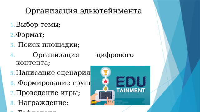 Организация эдьютейнмента Выбор темы; Формат;  Поиск площадки;  Организация цифрового контента; Написание сценария;  Формирование группы; Проведение игры;  Награждение;  Рефлексия. 