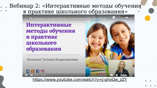 Вебинар 2: «Интерактивные методы обучения в практике школьного образования» https://www.youtube.com/watch?v=J-qhoQw_zZY  