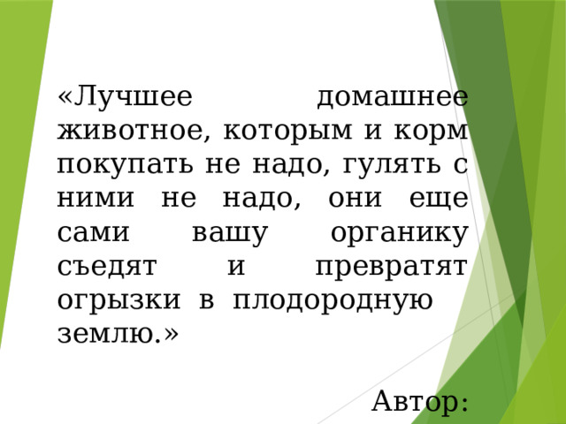 «Лучшее домашнее животное, которым и корм покупать не надо, гулять с ними не надо, они еще сами вашу органику съедят и превратят огрызки в плодородную землю.»  Автор: народ 