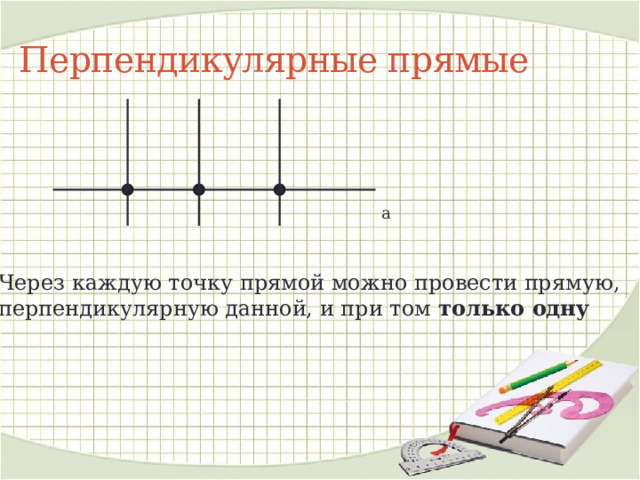 Перпендикулярные прямые а Через каждую точку прямой можно провести прямую, перпендикулярную данной, и при том только одну 