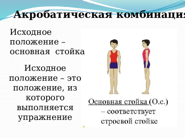 Акробатическая комбинация Исходное положение – основная стойка Исходное положение – это положение, из которого выполняется упражнение 