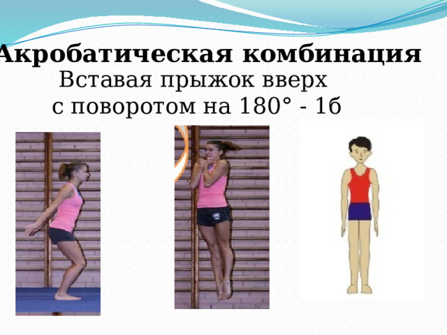 Акробатическая комбинация Вставая прыжок вверх  с поворотом на 180° - 1б 