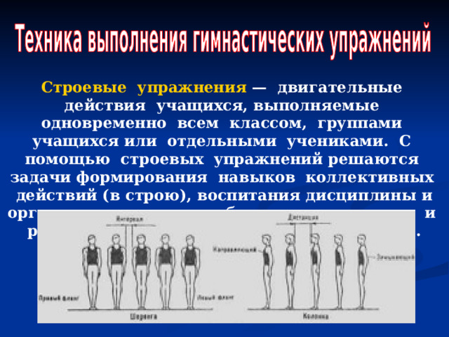Строевые упражнения — двигательные действия учащихся, выполняемые одновременно всем классом, группами учащихся или отдельными учениками. С помощью строевых упражнений решаются задачи формирования навыков коллективных действий (в строю), воспитания дисциплины и организованности, выработки чувства темпа и ритма, формирования правильной осанки. 