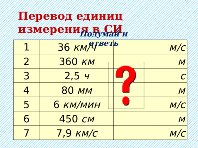 Перевод единиц измерения в СИ Подумай и ответь 1 36 км/ч 2 м/с 360 км 3 2,5 ч м 4 с 80 мм 5 6 км/мин 6 м 450 см 7 м/с 7,9 км/с м м/с 