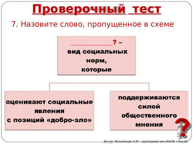 Проверочный  тест 7. Назовите слово, пропущенное в схеме Автор: Михайлова Н.М.- преподаватель МАОУ «Лицей № 21» 