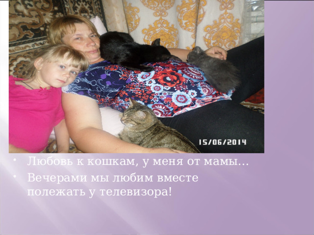 Любовь к кошкам, у меня от мамы… Вечерами мы любим вместе полежать у телевизора! 
