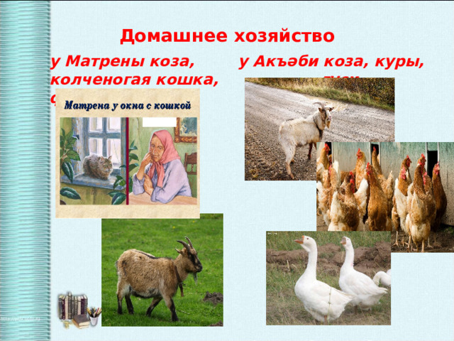 Домашнее хозяйство у Матрены коза, колченогая кошка, фикусы у Акъ ә би коза, куры, гуси 