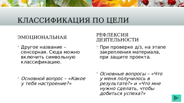 Классификация по цели Эмоциональная Рефлексия деятельности Другое название – сенсорная. Сюда можно включить символьную классификацию. При проверке д/з, на этапе закрепления материала, при защите проекта. Основной вопрос – «Какое у тебя настроение?» Основные вопросы – «Что у меня получилось в результате?» и «Что мне нужно сделать, чтобы добиться успеха?» 