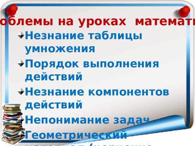 Проблемы на уроках математики Незнание таблицы умножения Порядок выполнения действий Незнание компонентов действий Непонимание задач Геометрический материал (черчение отрезков и основных фигур не по размерам)  