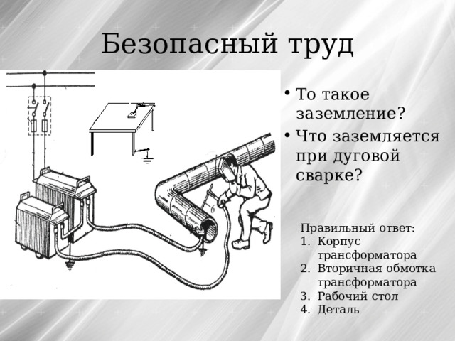 Безопасный труд То такое заземление? Что заземляется при дуговой сварке? Правильный ответ: Корпус трансформатора Вторичная обмотка трансформатора Рабочий стол Деталь 