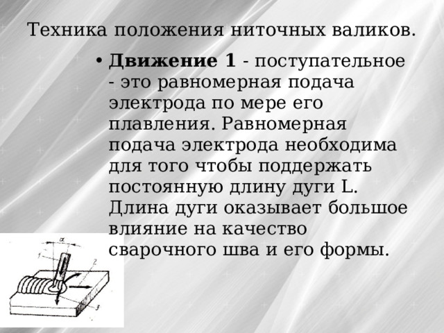 Техника положения ниточных валиков.   Движение 1 - поступательное - это равномерная подача электрода по мере его плавления. Равномерная подача электрода необходима для того чтобы поддержать постоянную длину дуги L. Длина дуги оказывает большое влияние на качество сварочного шва и его формы. 