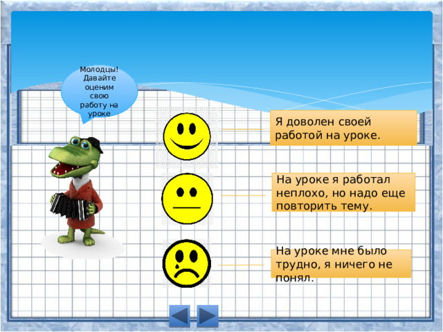 Молодцы! Давайте оценим свою работу на уроке Я доволен своей работой на уроке. На уроке я работал неплохо, но надо еще повторить тему. На уроке мне было трудно, я ничего не понял. 