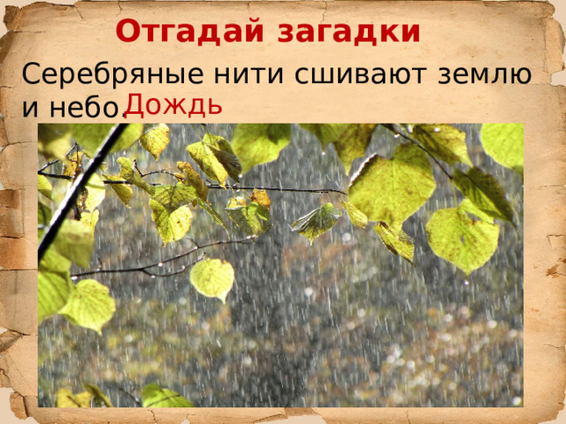 Отгадай загадки Серебряные нити сшивают землю и небо. Дождь 