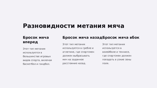  Разновидности метания мяча Бросок мяча вперед Бросок мяча назад Бросок мяча вбок Этот тип метания используется в гребле и атлетике, где спортсмен должен выбрасывать мяч на заданное расстояние назад. Этот тип метания используется в волейболе и теннисе, где спортсмен должен попадать в узкие зоны поля. Этот тип метания используется в большинстве игровых видов спорта, включая баскетбол и гандбол. 