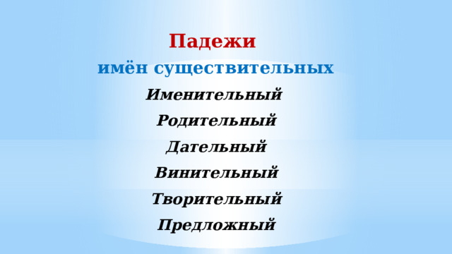 Падежи  имён существительных Именительный  Родительный  Дательный  Винительный  Творительный  Предложный 