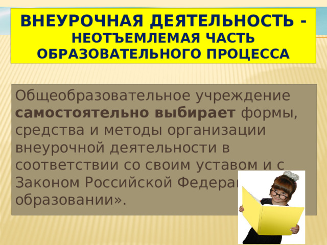 Внеурочная деятельность - неотъемлемая часть образовательного процесса Общеобразовательное учреждение самостоятельно выбирает формы, средства и методы организации внеурочной деятельности в соответствии со своим уставом и с Законом Российской Федерации «Об образовании». 