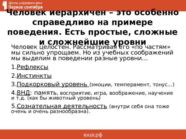 Человек иерархичен – это особенно справедливо на примере поведения. Есть простые, сложные и сложнейшие уровни Человек целостен. Рассматривая его «по частям» мы сильно упрощаем. Но из учебных соображений мы выделим в поведении разные уровни… Рефлексы Инстинкты Подкорковый уровень (эмоции, темперамент, тонус…) ВНД : память , восприятие, игра, воображение, научение и т.д. (как бы животный уровень) Сознательная деятельность  (внутри себя она тоже очень и очень разнообразна). 