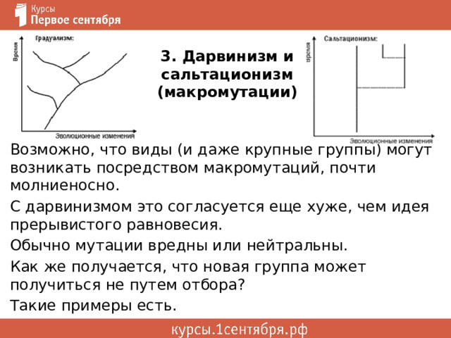 3. Дарвинизм и сальтационизм (макромутации) Возможно, что виды (и даже крупные группы) могут возникать посредством макромутаций, почти молниеносно. С дарвинизмом это согласуется еще хуже, чем идея прерывистого равновесия. Обычно мутации вредны или нейтральны. Как же получается, что новая группа может получиться не путем отбора? Такие примеры есть. 