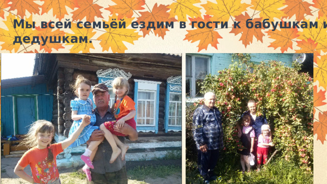 Мы всей семьёй ездим в гости к бабушкам и дедушкам. 
