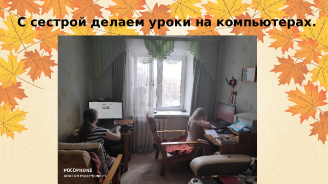 С сестрой делаем уроки на компьютерах. 