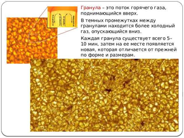 Гранула – это поток горячего газа, поднимающийся вверх. В темных промежутках между гранулами находится более холодный газ, опускающийся вниз. Каждая гранула существует всего 5–10 мин, затем на ее месте появляется новая, которая отличается от прежней по форме и размерам. 