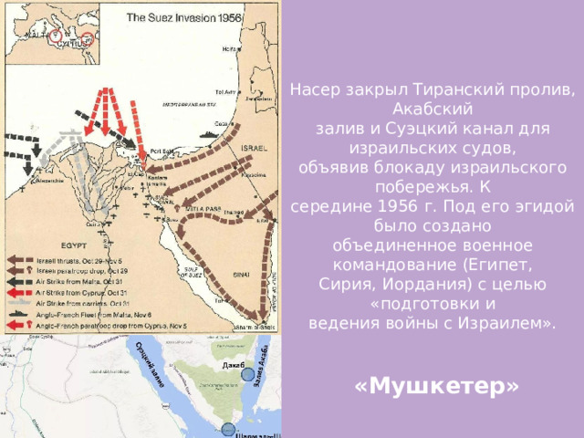 Насер закрыл Тиранский пролив, Акабский залив и Суэцкий канал для израильских судов, объявив блокаду израильского побережья. К середине 1956 г. Под его эгидой было создано объединенное военное командование (Египет, Сирия, Иордания) с целью «подготовки и ведения войны с Израилем».  «Мушкетер» 