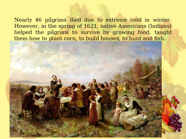 Nearly 46 pilgrims died due to extreme cold in winter. However, in the spring of 1621, native Americans (Indians) helped the pilgrims to survive by growing food, taught them how to plant corn , to build houses, to hunt and fish. 