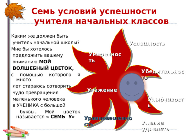 Семь условий успешности  учителя начальных классов   Каким же должен быть  учитель начальной школы? Мне бы хотелось  предложить вашему  вниманию МОЙ  ВОЛШЕБНЫЙ ЦВЕТОК,  с помощью которого я много  лет стараюсь сотворить  чудо превращения  маленького человека  в УЧЕНИКА с большой  буквы. Мой цветок называется « СЕМЬ  У»  Успешность Умеренность Убедительность Уважение Улыбчивость Уравновешенность Умение удивлять 