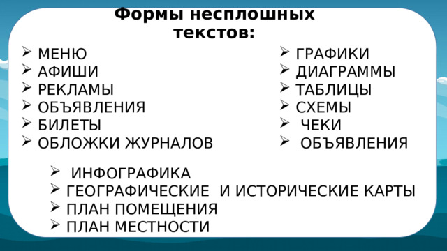 Формы несплошных текстов:  МЕНЮ АФИШИ РЕКЛАМЫ ОБЪЯВЛЕНИЯ БИЛЕТЫ ОБЛОЖКИ ЖУРНАЛОВ ГРАФИКИ ДИАГРАММЫ ТАБЛИЦЫ СХЕМЫ  ЧЕКИ  ОБЪЯВЛЕНИЯ  ИНФОГРАФИКА ГЕОГРАФИЧЕСКИЕ И ИСТОРИЧЕСКИЕ КАРТЫ ПЛАН ПОМЕЩЕНИЯ ПЛАН МЕСТНОСТИ 
