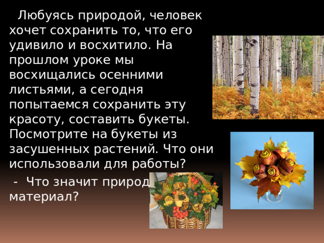  Любуясь природой, человек хочет сохранить то, что его удивило и восхитило. На прошлом уроке мы восхищались осенними листьями, а сегодня попытаемся сохранить эту красоту, составить букеты. Посмотрите на букеты из засушенных растений. Что они использовали для работы?  - Что значит природный материал? 