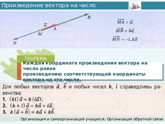 Произведение вектора на число ТЕОРЕМА Каждая координата произведения вектора на число равна произведению соответствующей координаты вектора на это число. Организация и самоорганизация учащихся. Организация обратной связи 