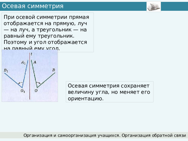 Осевая симметрия При осевой симметрии прямая отображается на прямую, луч — на луч, а треугольник — на равный ему треугольник. Поэтому и угол отображается на равный ему угол. Осевая симметрия сохраняет величину угла, но меняет его ориентацию. Организация и самоорганизация учащихся. Организация обратной связи 