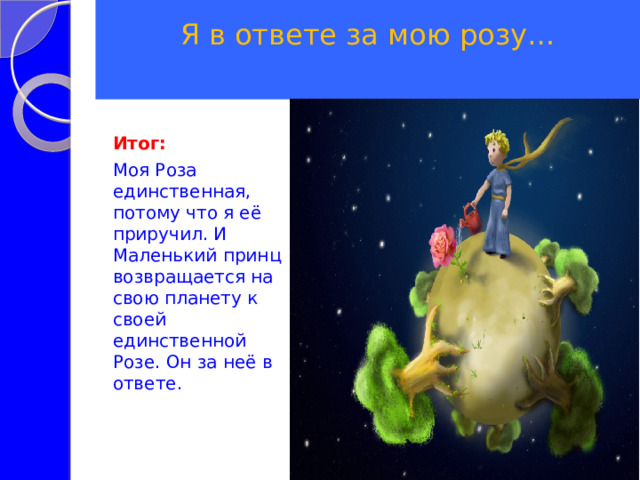  Я в ответе за мою розу…     Итог: Моя Роза единственная, потому что я её приручил. И Маленький принц возвращается на свою планету к своей единственной Розе. Он за неё в ответе.   