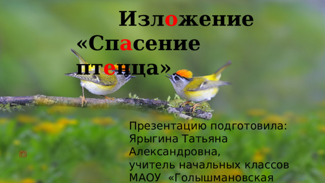  Изл о жение «Сп а сение пт е нца» Презентацию подготовила: Ярыгина Татьяна Александровна, учитель начальных классов МАОУ «Голышмановская СОШ №1» 