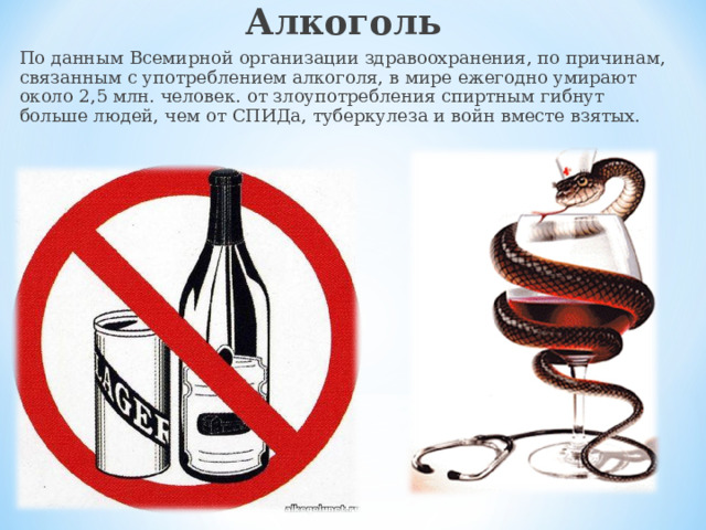 Алкоголь По данным Всемирной организации здравоохранения, по причинам, связанным с употреблением алкоголя, в мире ежегодно умирают около 2,5 млн. человек. от злоупотребления спиртным гибнут больше людей, чем от СПИДа, туберкулеза и войн вместе взятых. 