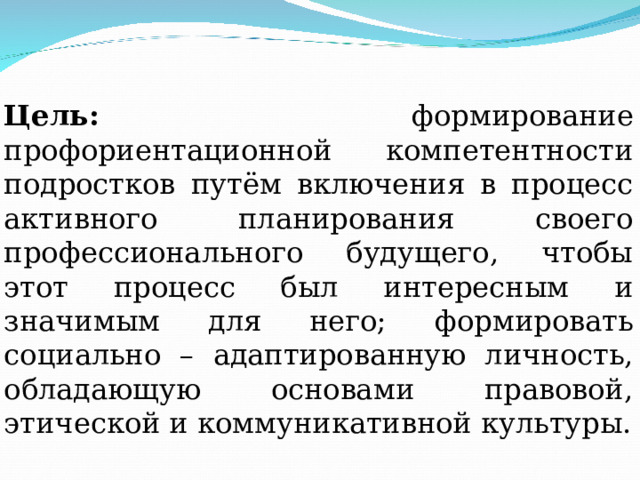 Цель: формирование профориентационной компетентности подростков путём включения в процесс активного планирования своего профессионального будущего, чтобы этот процесс был интересным и значимым для него; формировать социально – адаптированную личность, обладающую основами правовой, этической и коммуникативной культуры. 